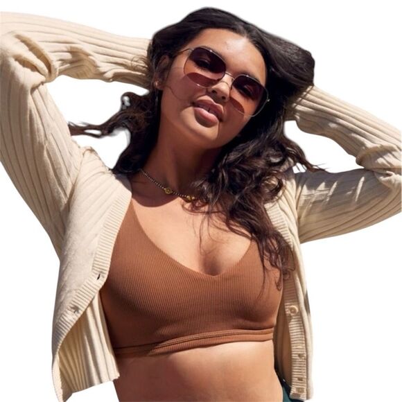 Aerie Offline Brown Ribbed and Mesh Plunge Sports Bra - Picture 1 of 6